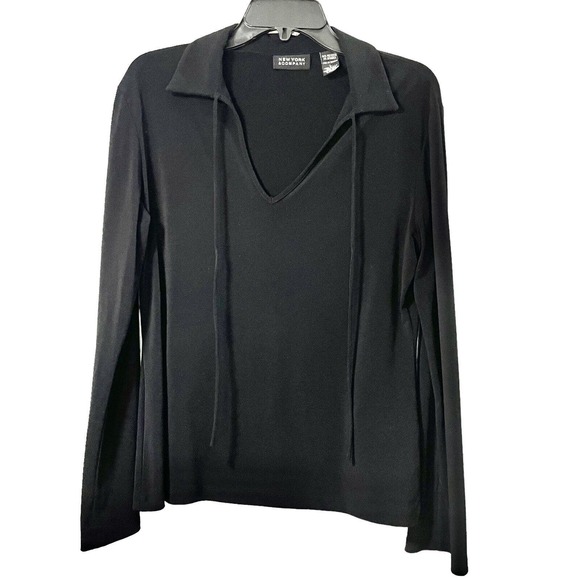 New York & Co. Women’s Long Wide Sleeve Collared Tie Stretch Blouse Black Size L - Picture 1 of 7